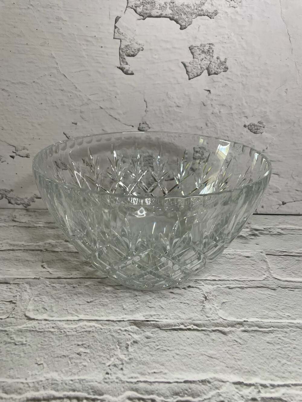 Vintage Cut Crystal Serving Bowl with Starburst Base and Diamond Pattern